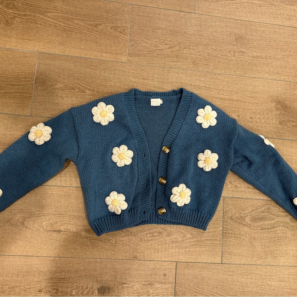 Dreamers Blue Cardigan with White Floral Accents